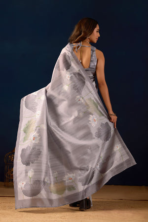 Grey Floral Printed Silk Ready to Wear Saree (ACA9482)