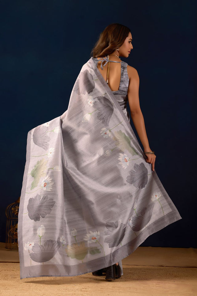 Grey Floral Printed Silk Ready to Wear Saree (ACA9482)