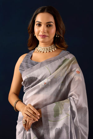 Grey Floral Printed Silk Ready to Wear Saree (ACA9482)