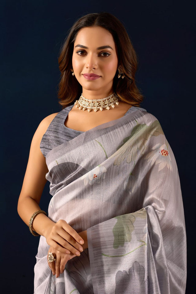 Grey Floral Printed Silk Ready to Wear Saree (ACA9482)