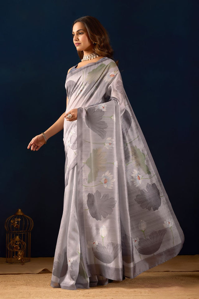 Grey Floral Printed Silk Ready to Wear Saree (ACA9482)