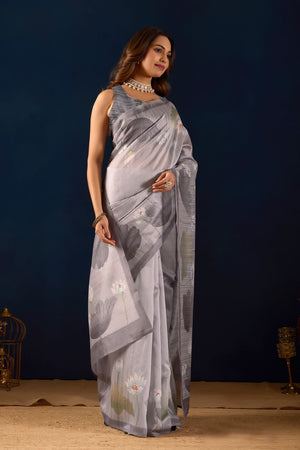 Grey Floral Printed Silk Ready to Wear Saree (ACA9482)