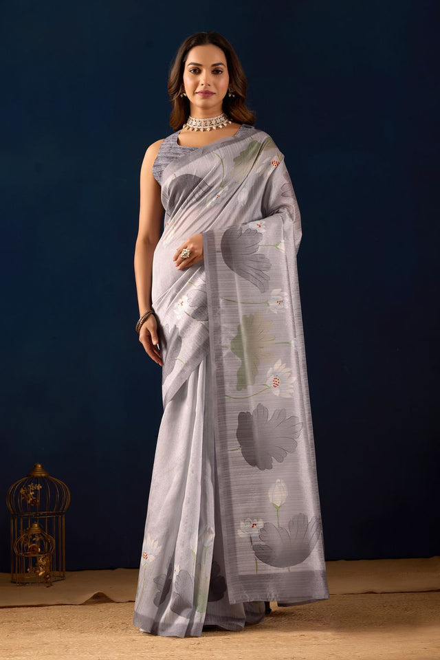 Grey Floral Printed Silk Ready to Wear Saree (ACA9482)
