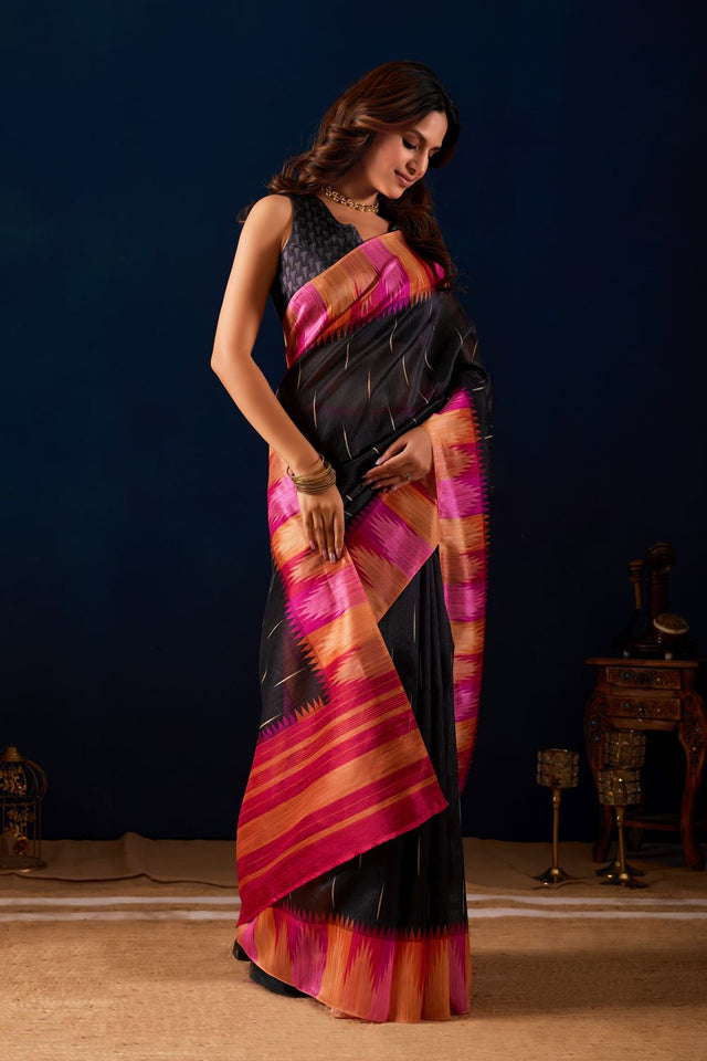 Black Printed Silk Ready to Wear Saree (ACA9483)