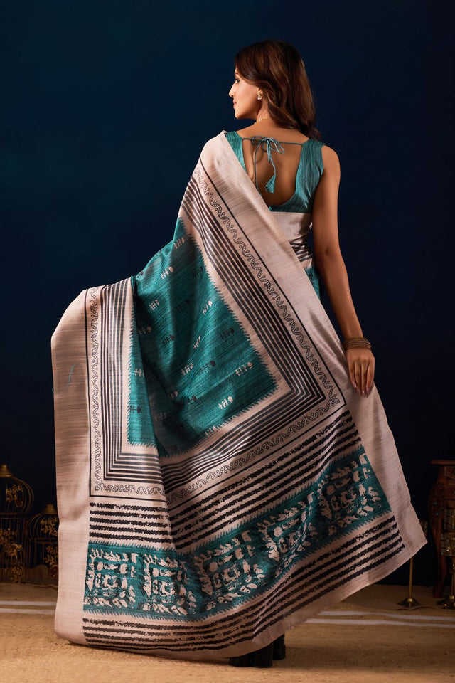 Sea Green Printed Silk Ready to Wear Saree (ACA9487)