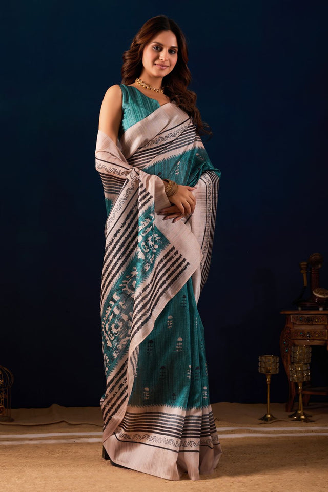 Sea Green Printed Silk Ready to Wear Saree (ACA9487)