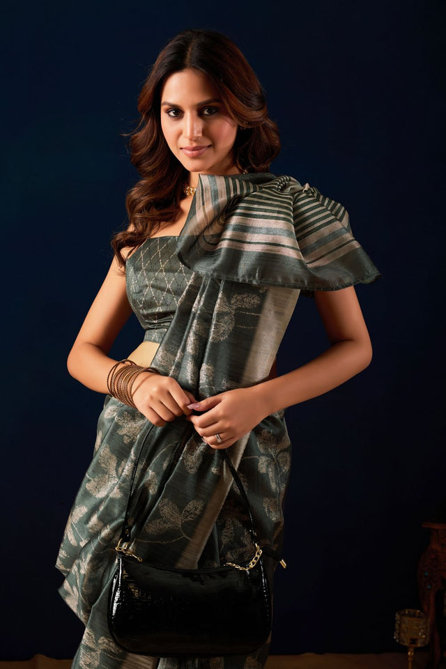 Green Printed Silk Ready to Wear Saree (ACA9489)