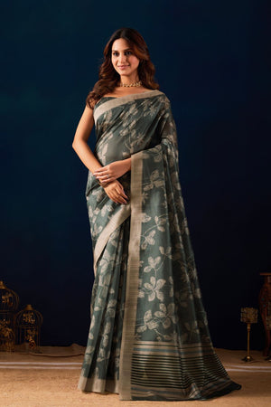 Green Printed Silk Ready to Wear Saree (ACA9489)