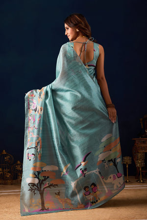 Blue Printed Silk Ready to Wear Saree (ACA9490)