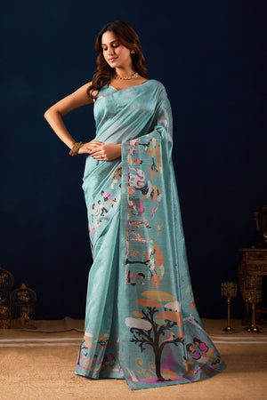 Blue Printed Silk Ready to Wear Saree (ACA9490)