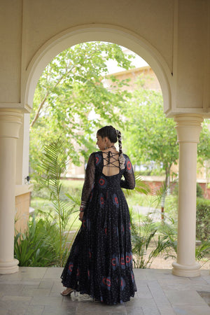 Black Embroidered with Bandhani Printed Gown (ACA9495)