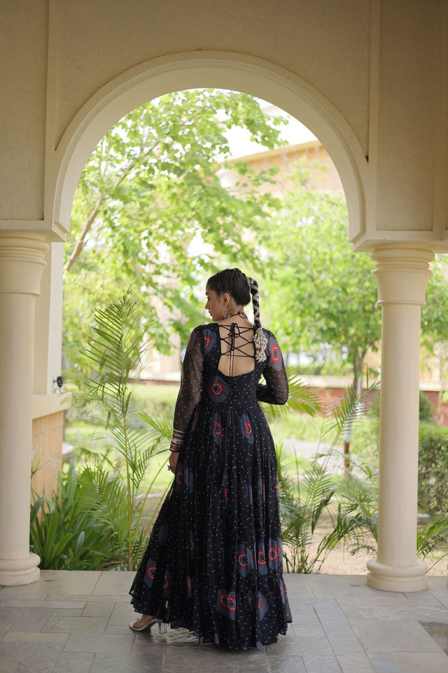 Black Embroidered with Bandhani Printed Gown (ACA9495)