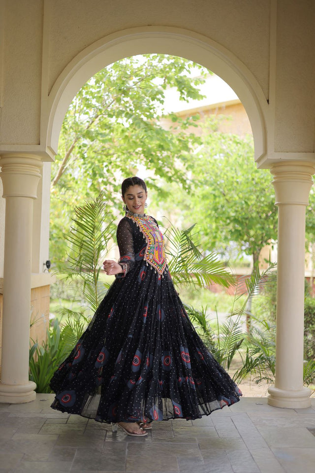 Black Embroidered with Bandhani Printed Gown (ACA9495)