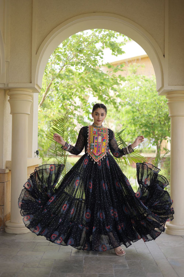 Black Embroidered with Bandhani Printed Gown (ACA9495)