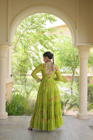 Dark Green Embroidered with Bandhani Printed Gown (ACA9496)
