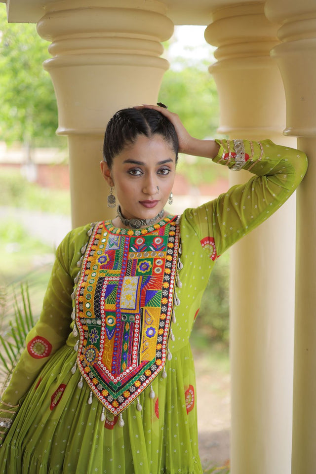Dark Green Embroidered with Bandhani Printed Gown (ACA9496)