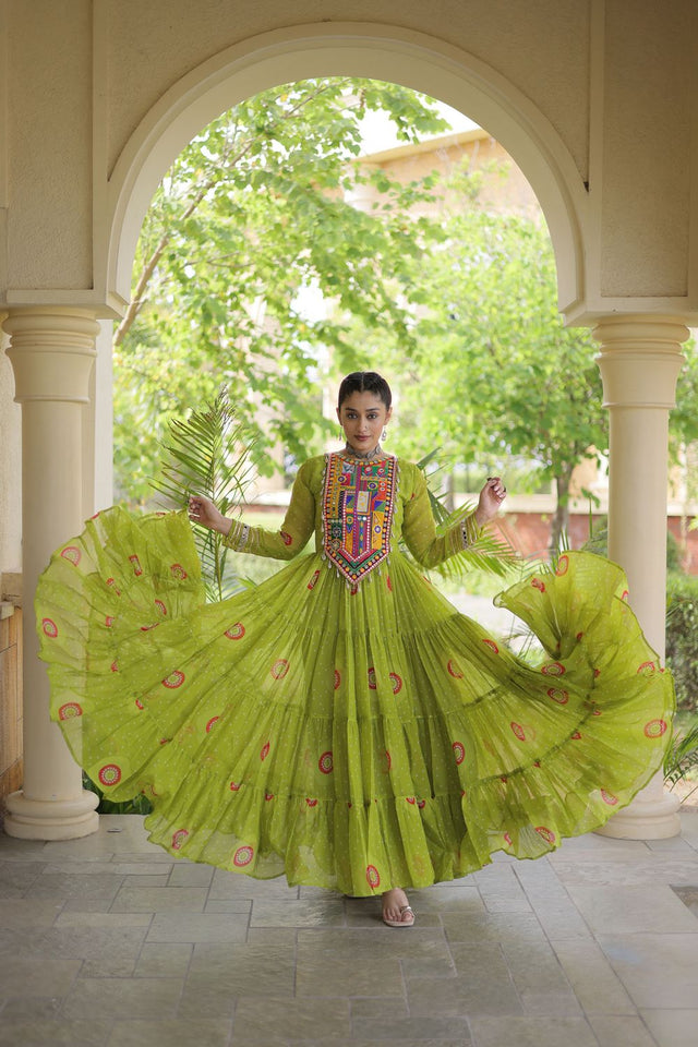 Dark Green Embroidered with Bandhani Printed Gown (ACA9496)