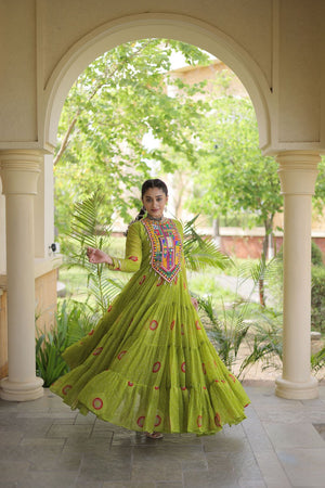Dark Green Embroidered with Bandhani Printed Gown (ACA9496)