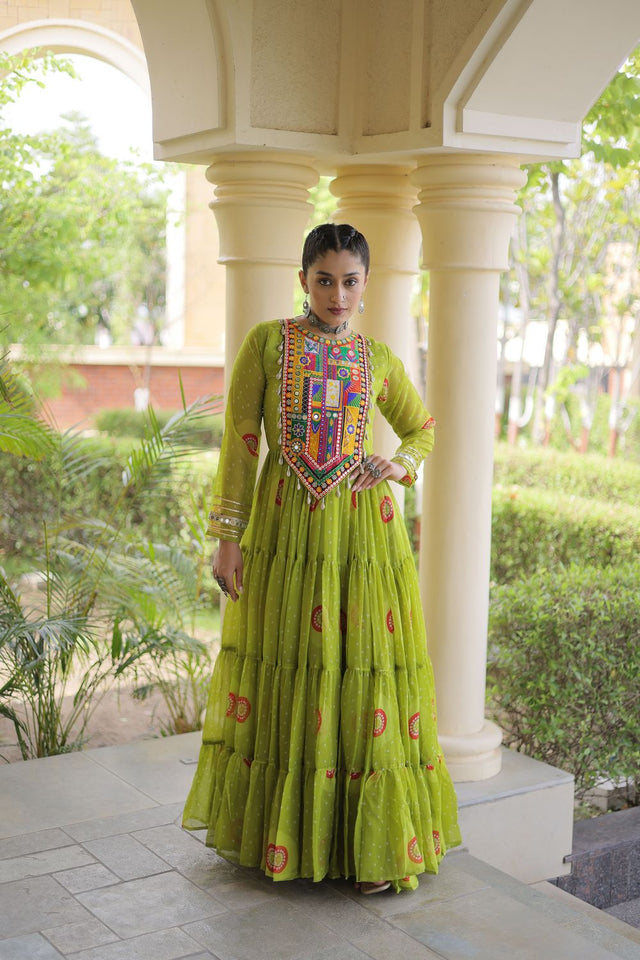Dark Green Embroidered with Bandhani Printed Gown (ACA9496)