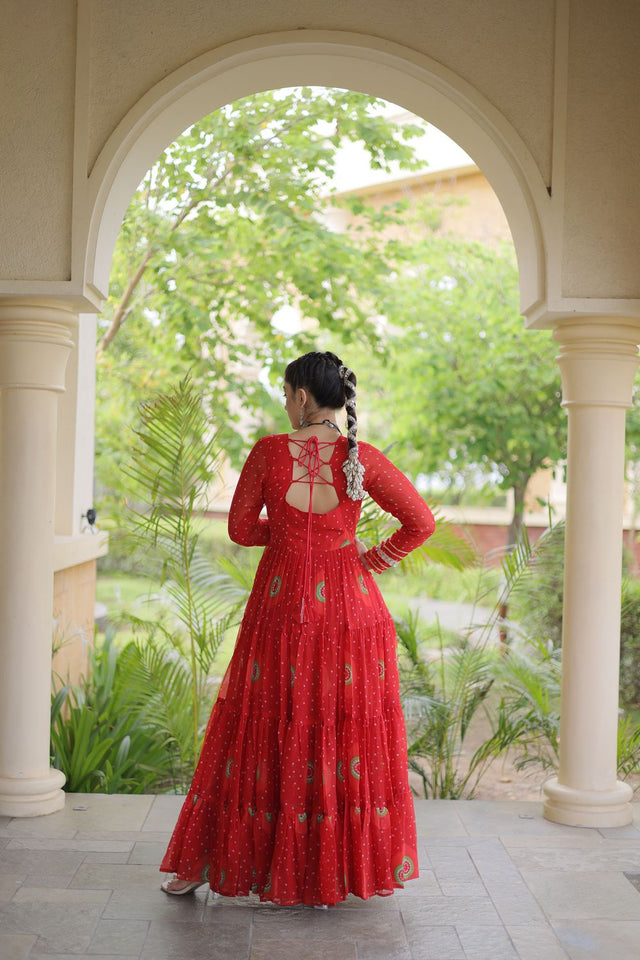 Red Embroidered with Bandhani Printed Gown (ACA9497)