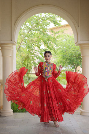 Red Embroidered with Bandhani Printed Gown (ACA9497)