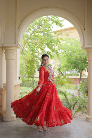 Red Embroidered with Bandhani Printed Gown (ACA9497)