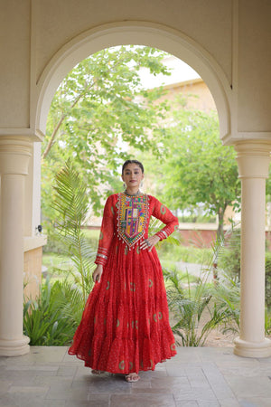 Red Embroidered with Bandhani Printed Gown (ACA9497)