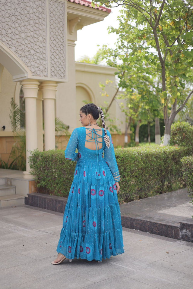 Blue Embroidered with Bandhani Printed Gown (ACA9498)