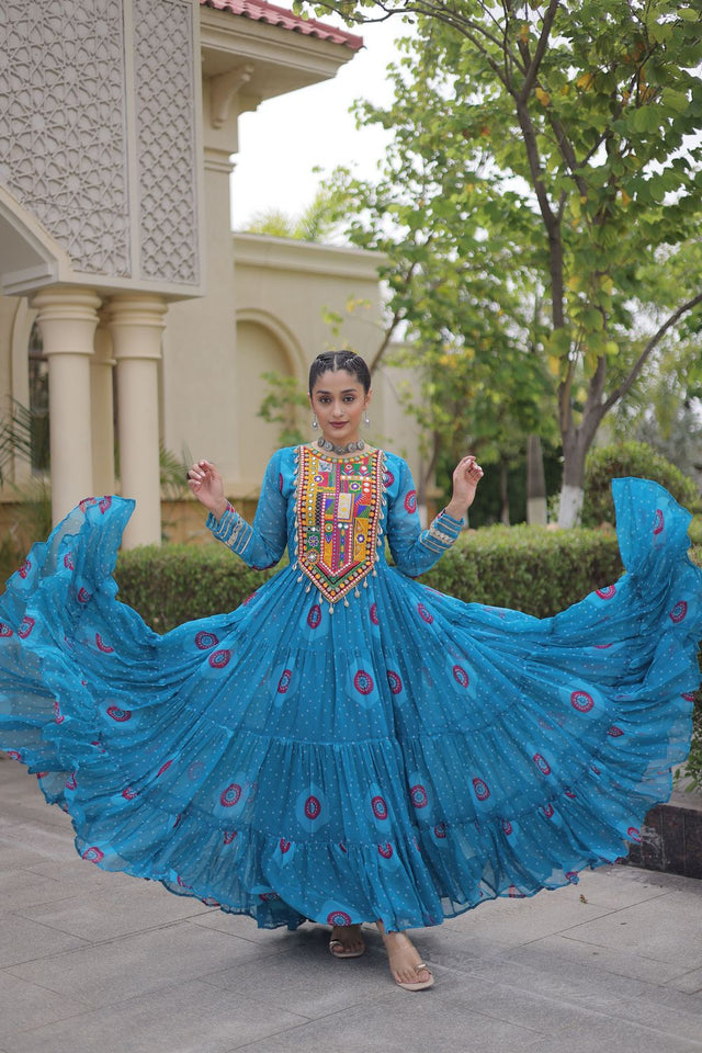 Blue Embroidered with Bandhani Printed Gown (ACA9498)