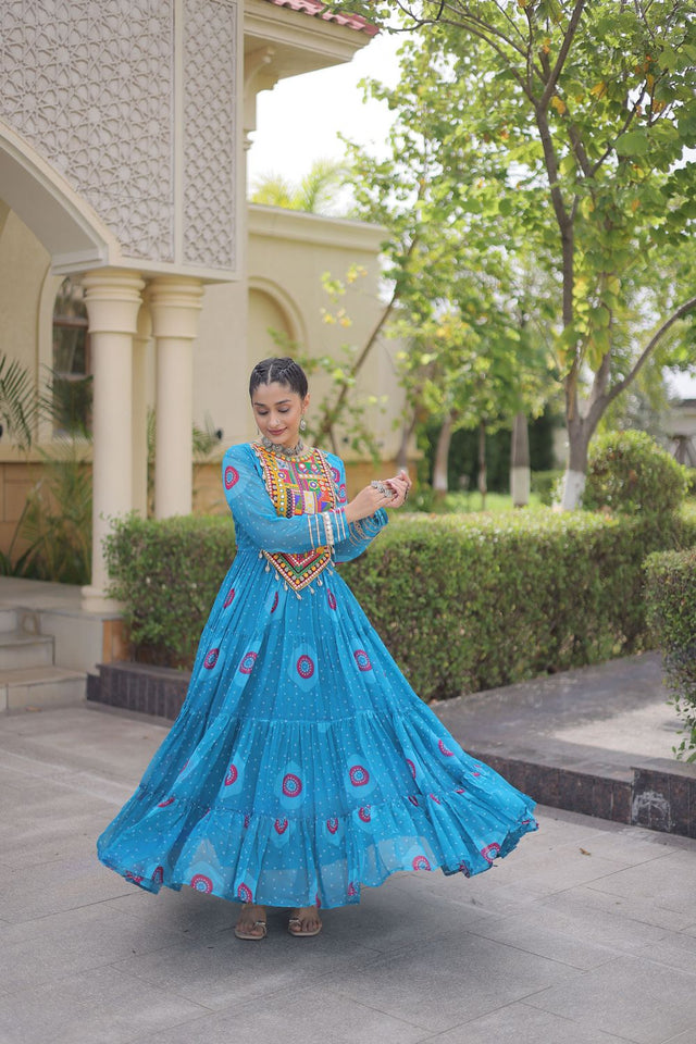 Blue Embroidered with Bandhani Printed Gown (ACA9498)