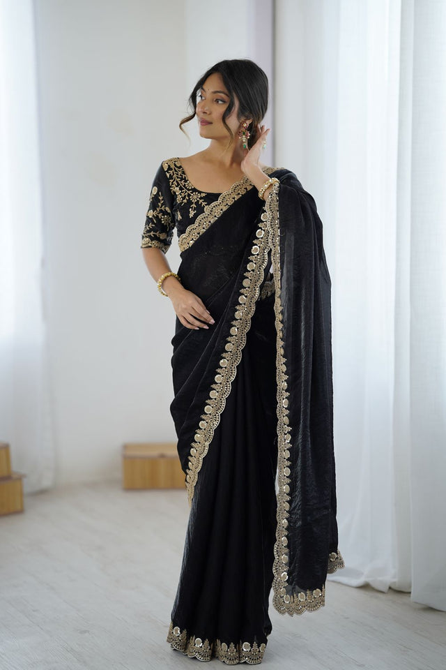 Black Sequin Satin Saree (ACA9505)