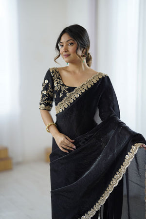 Black Sequin Satin Saree (ACA9505)
