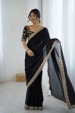 Black Sequin Satin Saree (ACA9505)