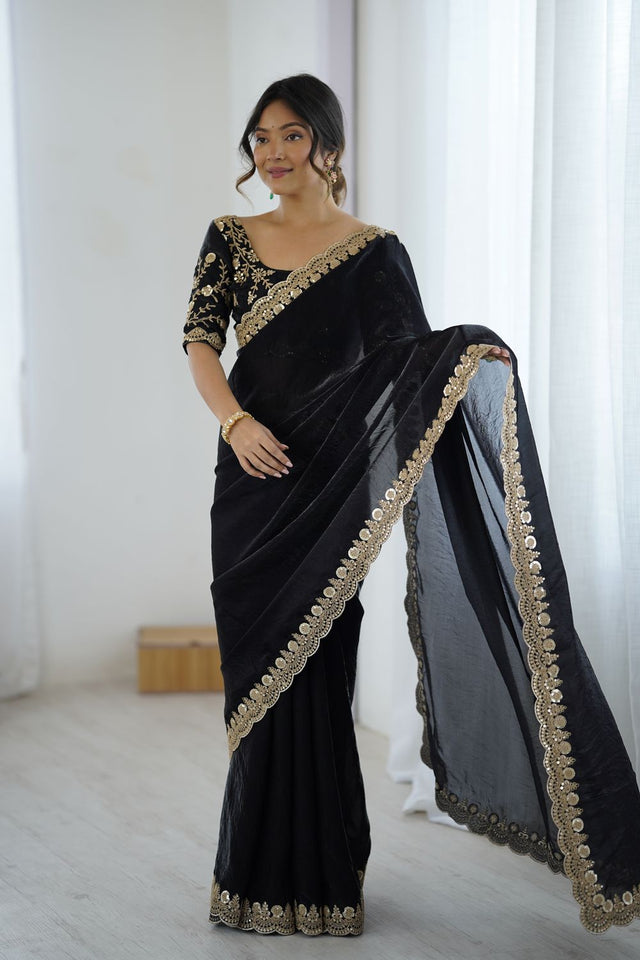 Black Sequin Satin Saree (ACA9505)