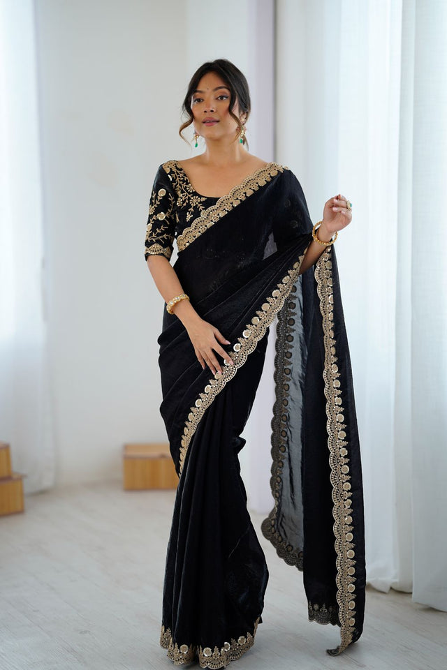 Black Sequin Satin Saree (ACA9505)