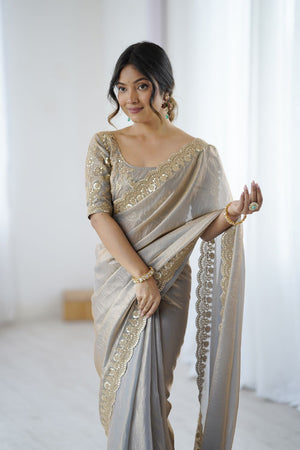 Grey Sequin Satin Saree (ACA9506)