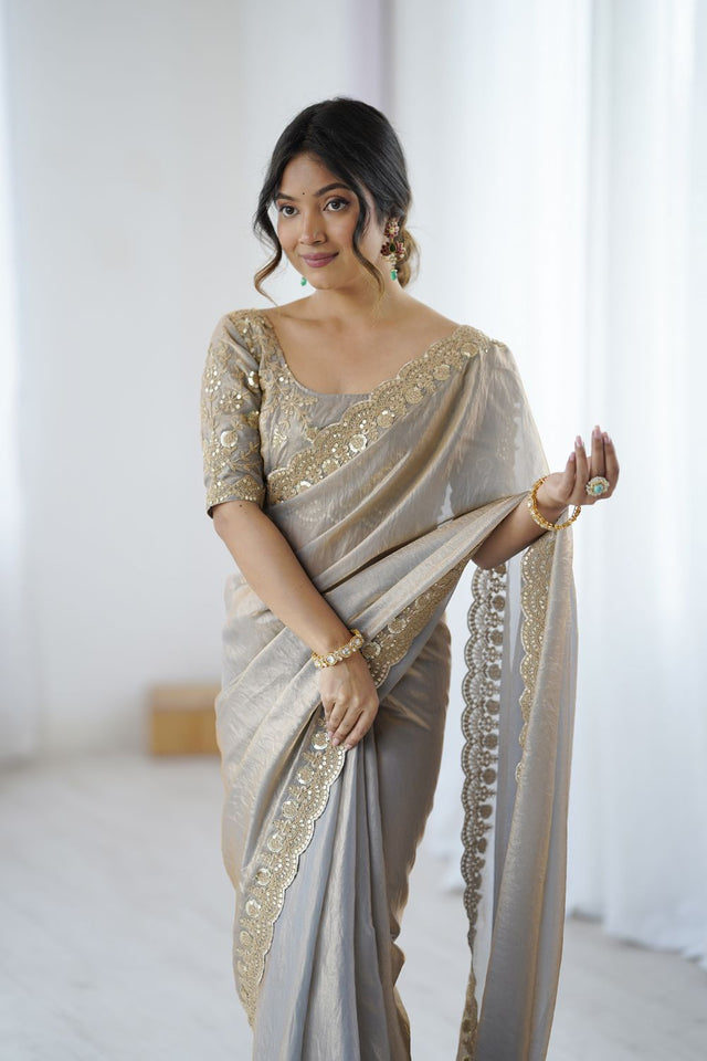 Grey Sequin Satin Saree (ACA9506)