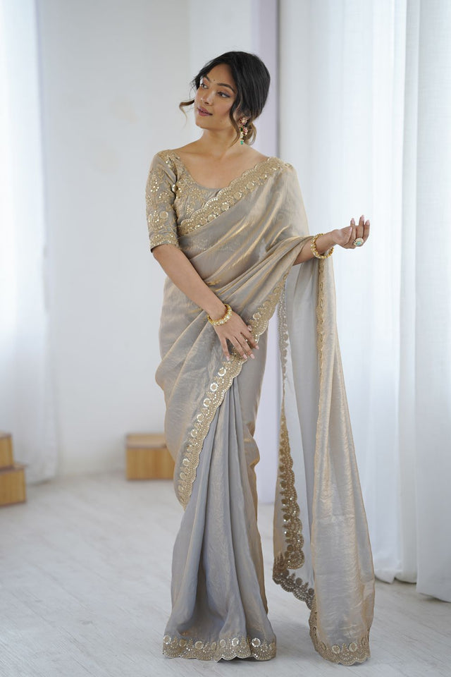 Grey Sequin Satin Saree (ACA9506)