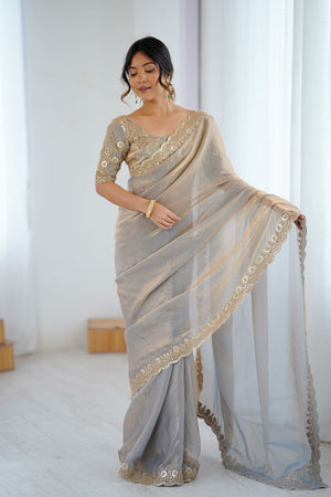 Grey Sequin Satin Saree (ACA9506)