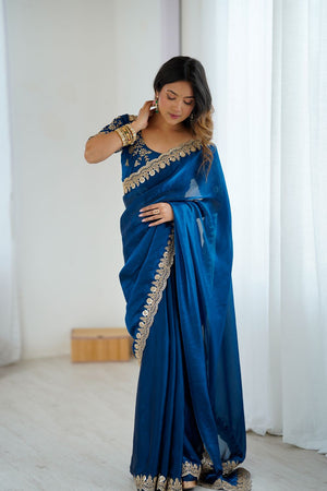 Turquoise Sequin Satin Saree (ACA9507)
