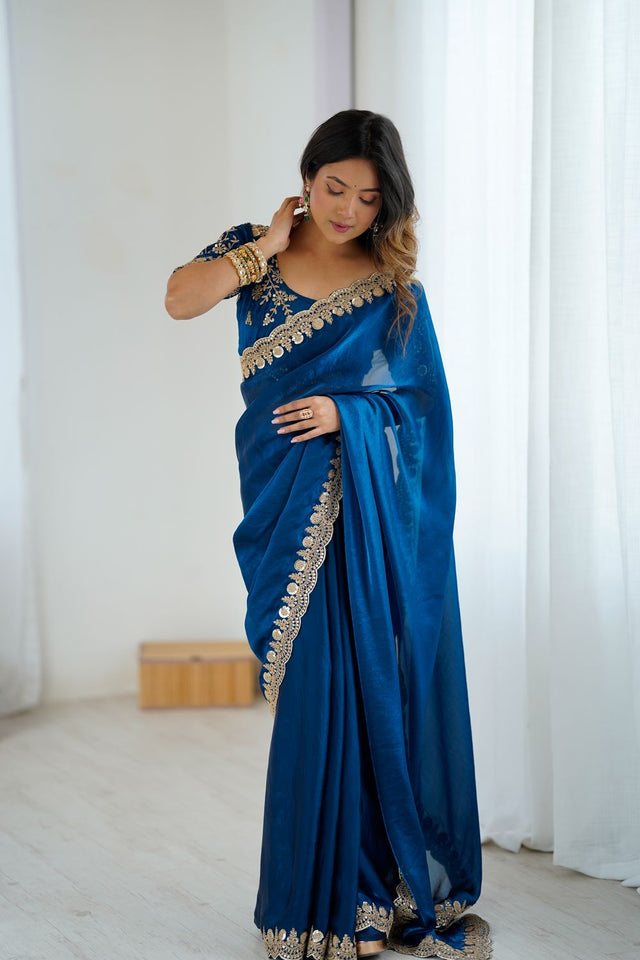 Turquoise Sequin Satin Saree (ACA9507)