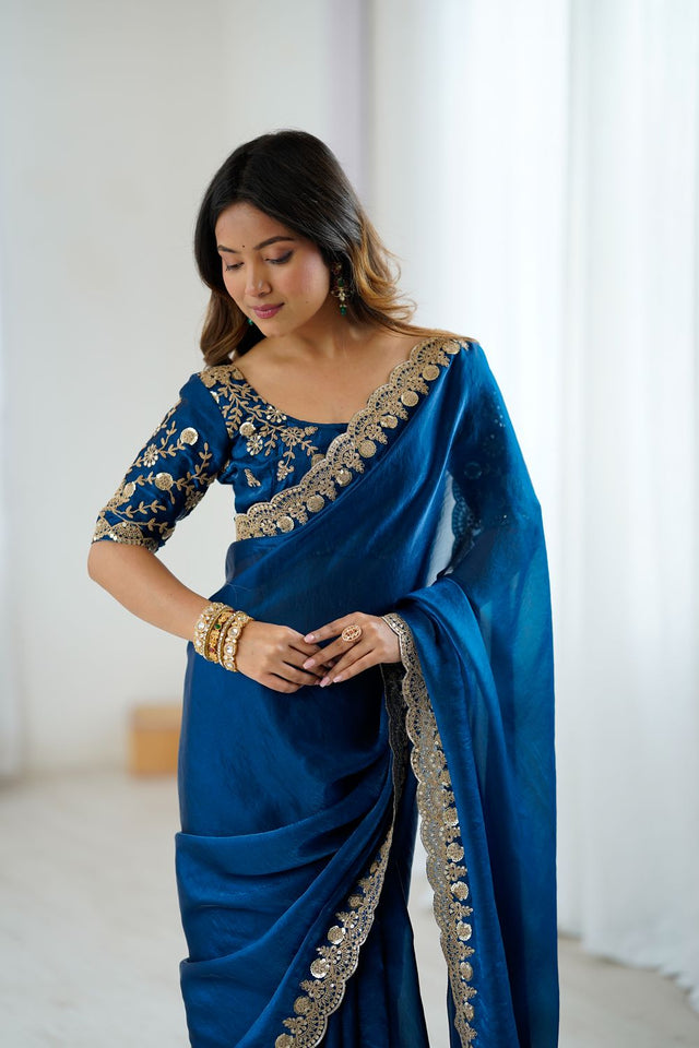 Turquoise Sequin Satin Saree (ACA9507)
