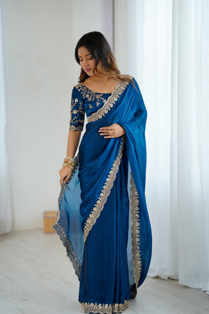 Turquoise Sequin Satin Saree (ACA9507)