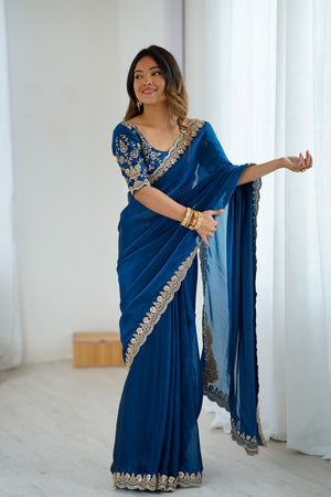 Turquoise Sequin Satin Saree (ACA9507)