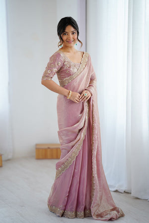 Pink Sequin Satin Saree (ACA9508)