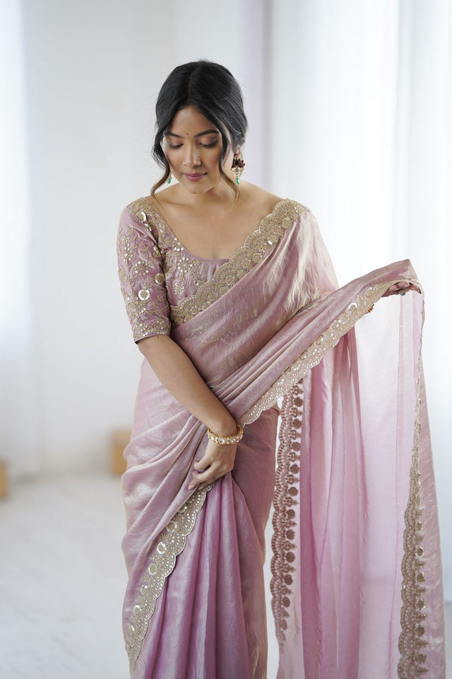 Pink Sequin Satin Saree (ACA9508)