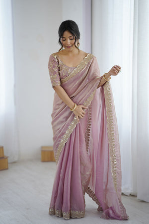 Pink Sequin Satin Saree (ACA9508)