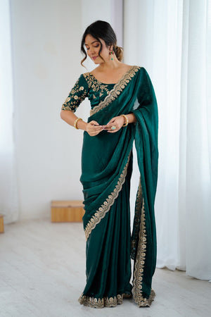 Green Sequin Satin Saree (ACA9509)