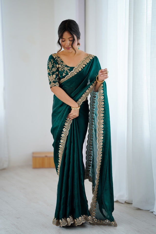 Green Sequin Satin Saree (ACA9509)