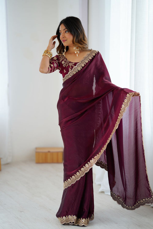 Wine Sequin Satin Saree (ACA9510)